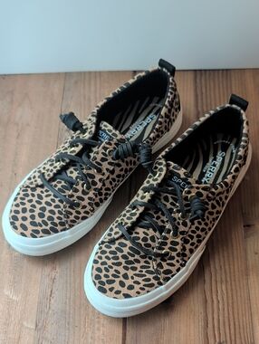 Sperry Leopard Print Canvas Sneakers in Tan and Black New Size 7